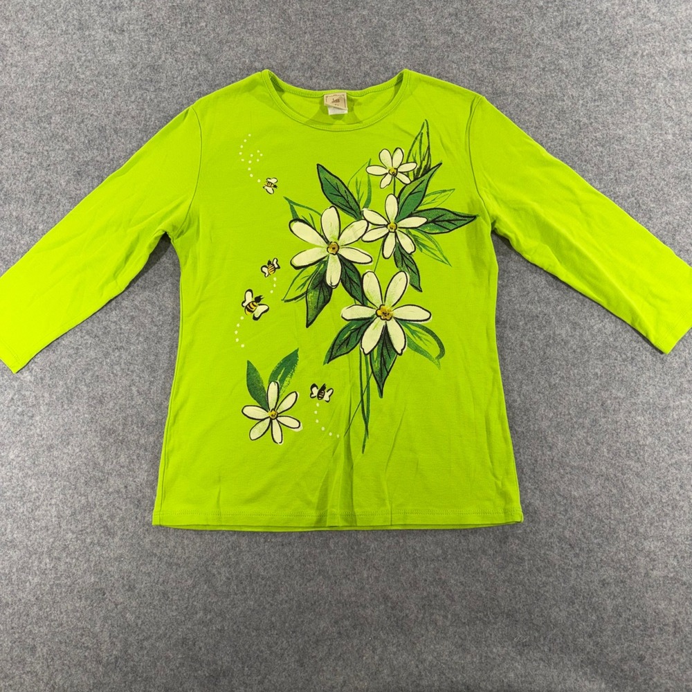 Jess & Jane Womens Lime Green Bee Free Floral 3/4 Sleeve Cotton Top Small 14